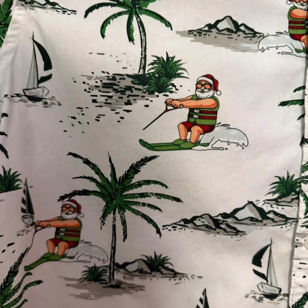 Denim & Flower Surfing Santa Holiday Shirt Men's L Tropical‎ Christmas Palm Tree